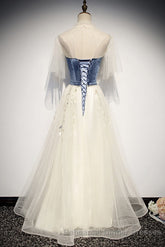 Elegant Ivory And Blue Flowy Princess Semi Formal Prom Dresses For Teens Long Homecoming Dresses
